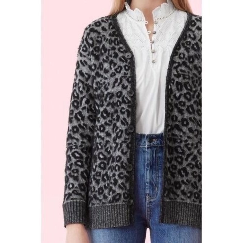La Vie Rebecca Taylor Leopard Print Cardigan Grey Black Jacquard Sweater NWT S